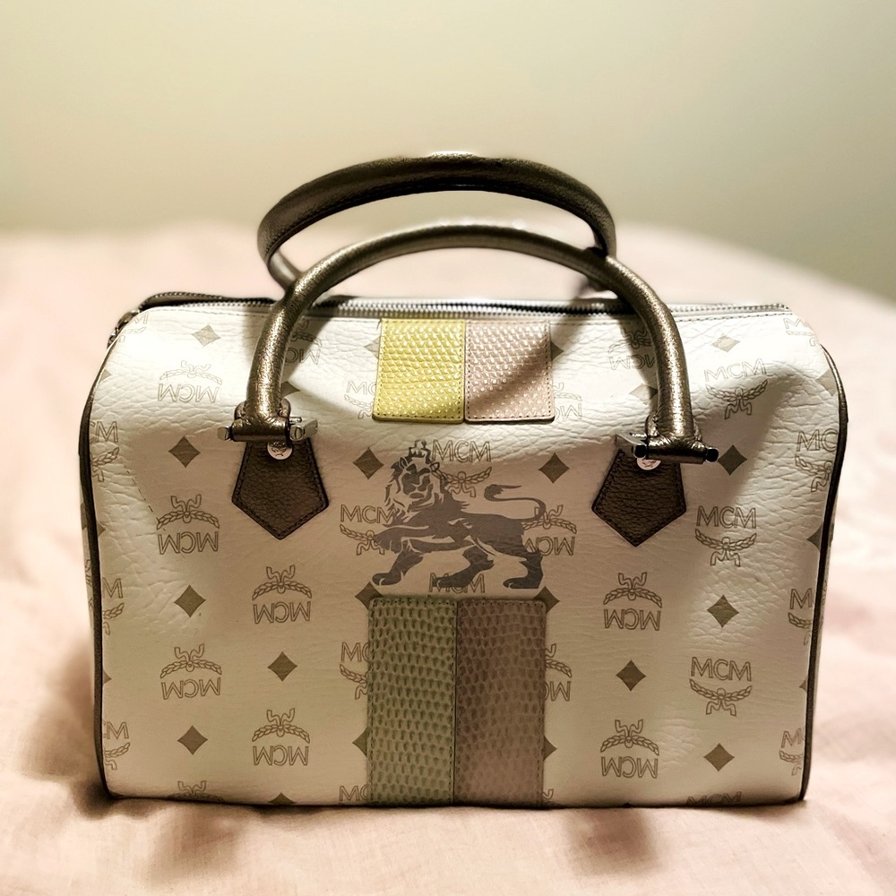 MCM Lion Series White Boston bag